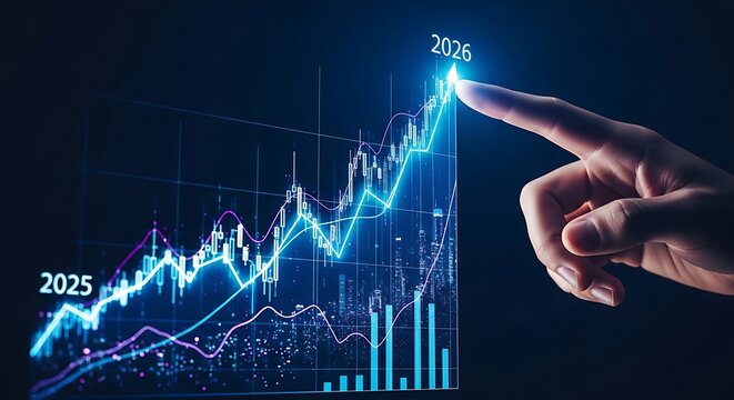 Hand points to upward trending financial graph with future projections