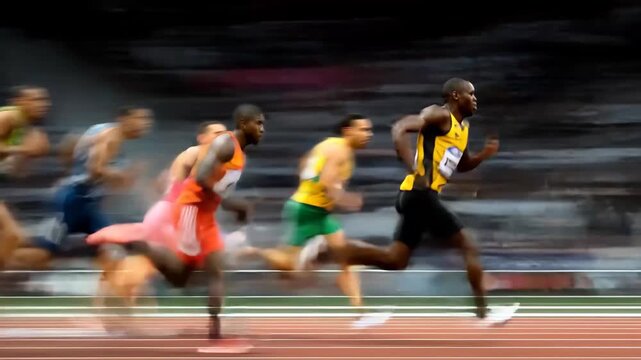 Fast runners compete in a sprint race on a track during an athletic event in an outdoor stadium at sunset, showcasing their speed and determination