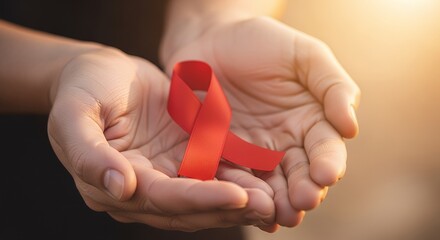 Hands holding a red AIDS awareness ribbon, warm lighting, hope and support theme