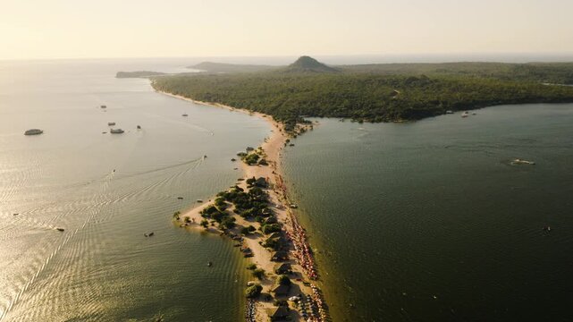 An aerial view of Alter do Ch&atilde;o sand spit at sunset in the Brazilian Amazon.