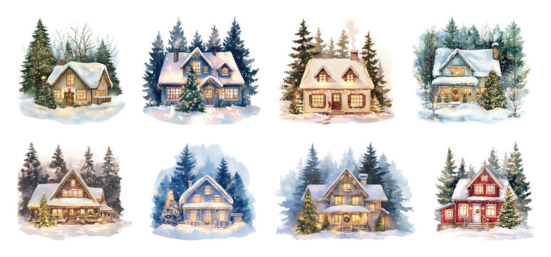 PNG Charming winter cottages in snow, element set on transparent background