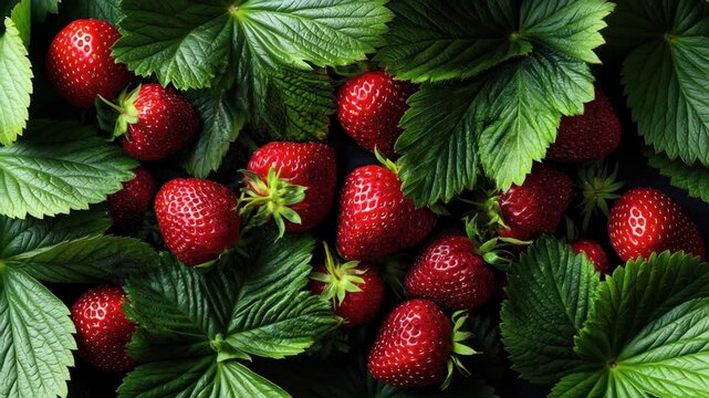 Fresh red strawberries surrounded by vibrant green leaves in a close-up view captured during morning sunlight