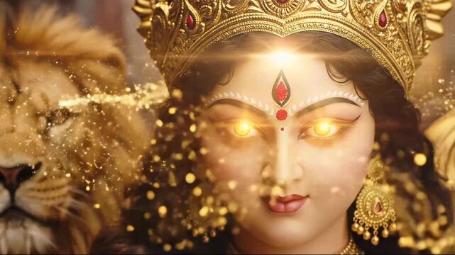 Powerful Depiction of Hindu Goddess Durga with Lion, Golden Light, and Divine Aura for Religious and Cultural Projects