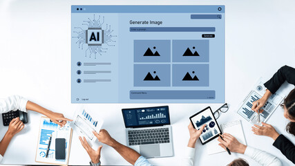 A collaborative workspace features diverse professionals engaged in the AI image generation process, utilizing various devices and visual data to enhance project development. Trope