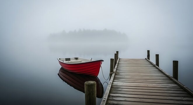 Red canoe tied to a weathered wooden dock on a foggy lake