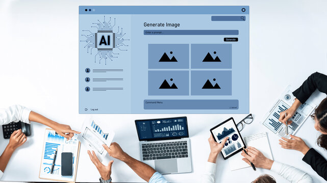 A collaborative workspace features diverse professionals engaged in the AI image generation process, utilizing various devices and visual data to enhance project development. Trope