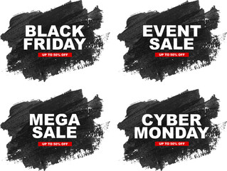  Black Vector Brush Stroke Sale Banner Set for Black Friday and Cyber Monday