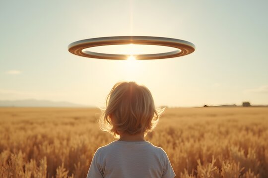 A child looking up at a silent, hovering metallic ring above a wheat field.