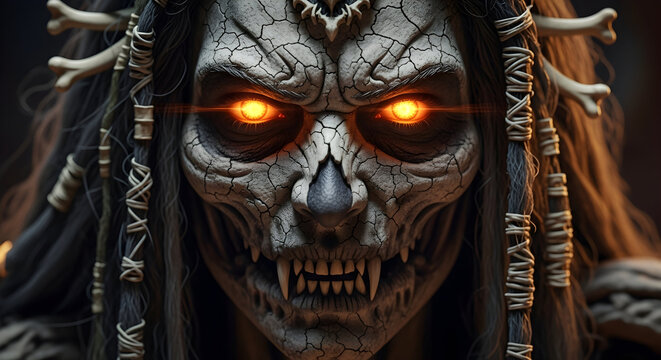 Chamunda fierce hindu goddess portrait with skull adornments fire eyes and dark majesty for navratri and durga puja