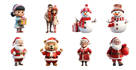 Fototapeta premium PNG Festive cartoon characters celebrating Christmas, element set on transparent background