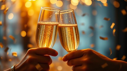 Champagne glasses clinking with golden confetti in festive New Year celebration atmosphere&rdquo;
