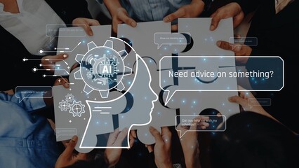 A group of diverse individuals collaborating in a meeting, exploring AI solutions and seeking advice. Puzzles symbolize teamwork and innovation. Engaging conversation around problem-solving. Raster
