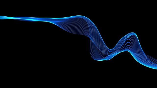 Abstract flowing blue wave pattern formed by thin lines on a black background bright