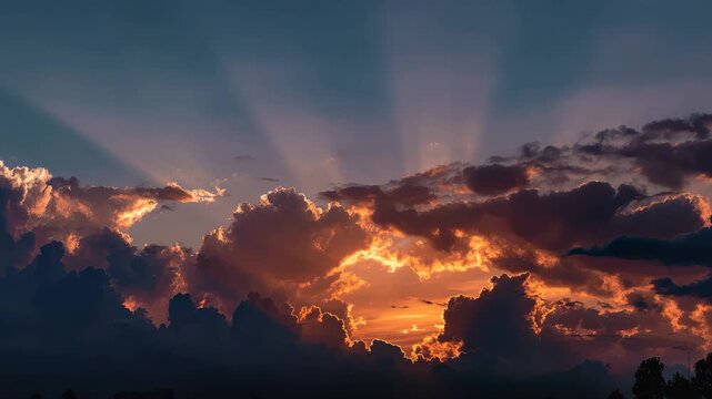 Vibrant sunset with rays of light breaking through purple and orange clouds over a serene landscape at dusk