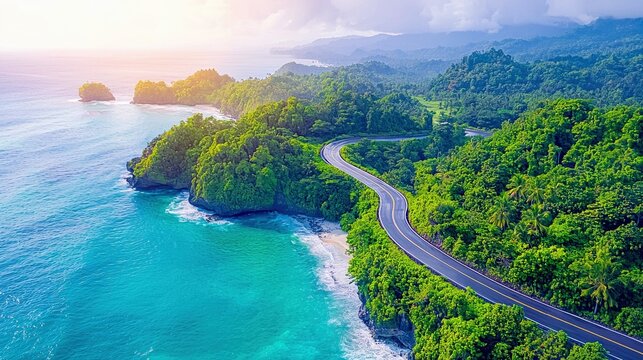 An aerial view captures a scenic coastal highway winding through a vibrant green jungle, overlooking a pristine beach and the clear turquoise ocean.