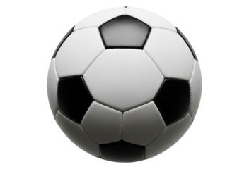 Soccer ball image for sports equipment and games featuring black and white pattern design for competition isolated on transparent background