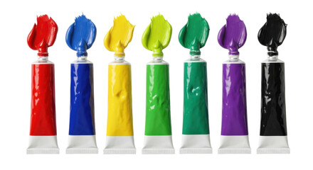 Close-up shot of seven colorful paint tubes with vibrant hues, ready for artistic creation.