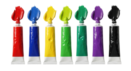 Close-up shot of seven colorful paint tubes with vibrant hues, ready for artistic creation.