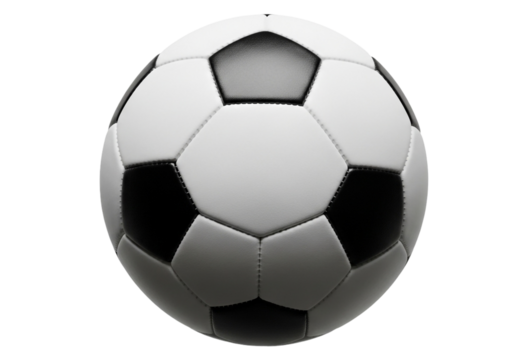 Soccer ball image for sports equipment and games featuring black and white pattern design for competition isolated on transparent background