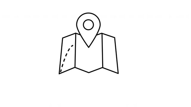Animated minimal map icon with location pin and dotted route line on clean white background, simple GPS navigation symbol motion graphic for travel, direction, pathfinding, mobile app UI, and location