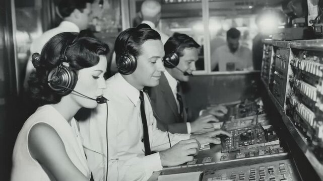 Three individuals operate vintage sound equipment in a busy broadcast studio during the mid-20th century, focusing on their tasks amidst lively surroundings