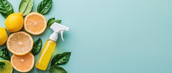 Fresh citrus fruits and green leaves with a natural cleaning spray bottle on a soft blue background, conveying a clean and eco friendly theme.