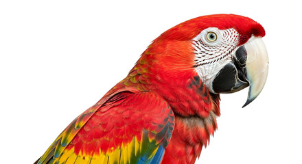 Scarlet macaw parrot portrait beautiful bird tropical wildlife exotic pet avian colorful feathers beak nature isolated on transparent background