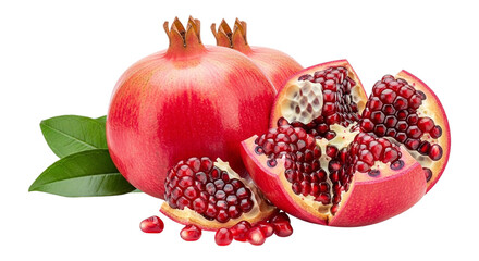 Fresh pomegranate fruit whole and cut open with seeds antioxidant rich healthy eating food photography