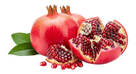 Fresh pomegranate fruit whole and cut open with seeds antioxidant rich healthy eating food photography