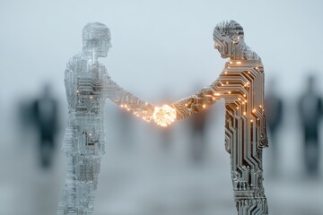 Two digital human figures made of circuit boards shaking hands with glowing connections
