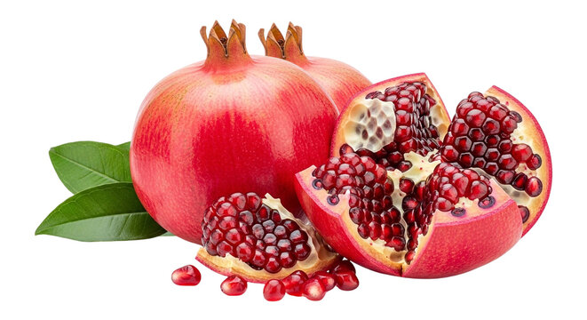 Fresh pomegranate fruit whole and cut open with seeds antioxidant rich healthy eating food photography