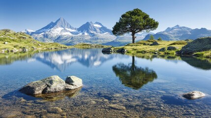 Serene alpine lake reflects snow capped mountains and a lone green tree on a clear sunny day.