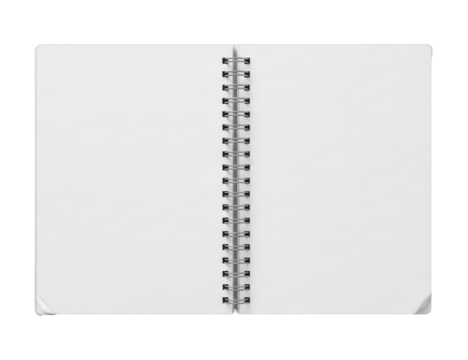 Open blank notebook with spiral binding, ready for notes and sketches.