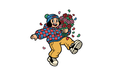 Joyful child holding a large bouquet of roses.
