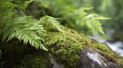 Lush green moss blankets the rocky surface, while elegant fern leaves stretch gracefully in the soft forest light. This peaceful scene captures nature's beauty and resilience