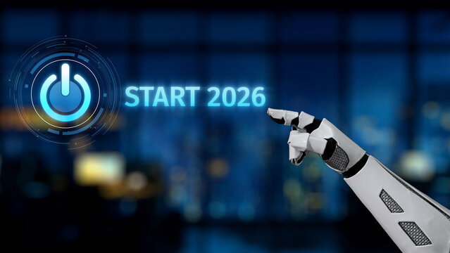 A robotic hand reaching towards a glowing digital display that reads "START 2026", symbolizing technological advancement and innovation in a modern cityscape. Synapse