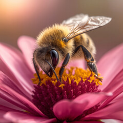 A honeybee with fuzzy yellow and black stripes, large compound eyes, and delicate wings, collecting pollen on vibrant flower petals