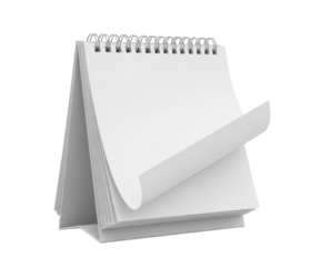 A close-up studio shot of a blank white desk calendar with a spiral binding, isolated on white.