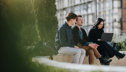 Three young professionals share ideas on an outdoor bench, one using a laptop. The scene conveys...