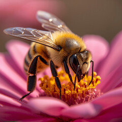 A honeybee with fuzzy yellow and black stripes, large compound eyes, delicate wings, collecting pollen on vibrant flower petals
