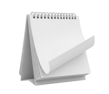 A close-up studio shot of a blank white desk calendar with a spiral binding, isolated on white.