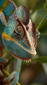 Colorful close-up of a chameleon showing detailed textured skin and brilliant eye pattern
