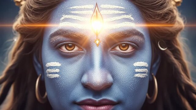 Close-up of the face of Hindu God Shiva, adorned with traditional markings and divine glow to celebrate Hinduism