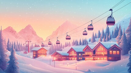 Colorful ski cabin lift for mountain skiers and snowboarders moves in the air on a cableway,ski resort with snowy hill,Skiing and snowboarding,Active vacation weekend,Winter holiday.