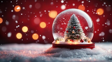 Christmas tree in Glass snow globe on red background, Christmas decorative design with white snowdrift,snowflakes,glow garland,3d decorative garland glow.Xmas Decorations,Vector illustration.