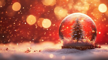 Christmas tree in Glass snow globe on red background, Christmas decorative design with white snowdrift,snowflakes,glow garland,3d decorative garland glow.Xmas Decorations,Vector illustration.