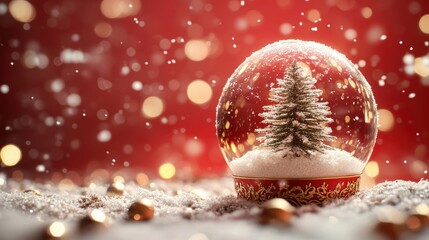 Christmas tree in Glass snow globe on red background, Christmas decorative design with white snowdrift,snowflakes,glow garland,3d decorative garland glow.Xmas Decorations,Vector illustration.
