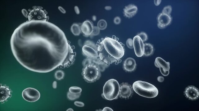 A hyper-detailed 3D medical illustration showing a pathogenic virus attacking and infecting human red blood cells in the bloodstream