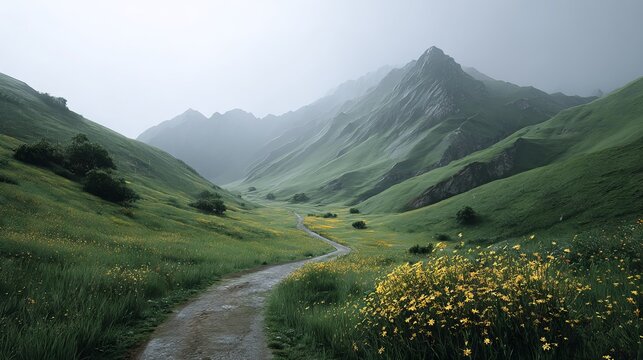 Winding mountain path through lush green grass and bright yellow wildflowers in sunny alpine meadow landscape scenic hiking trail and peaceful nature travel background