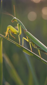 Praying mantis on green grass in natural sunlight, macro insect photography.